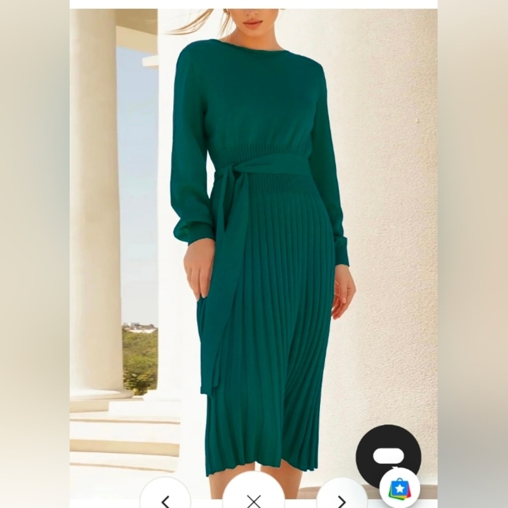 Allegra K Long Sleeve Ribbed Knit Pleated Midi Sweater Dress (NO BELT )